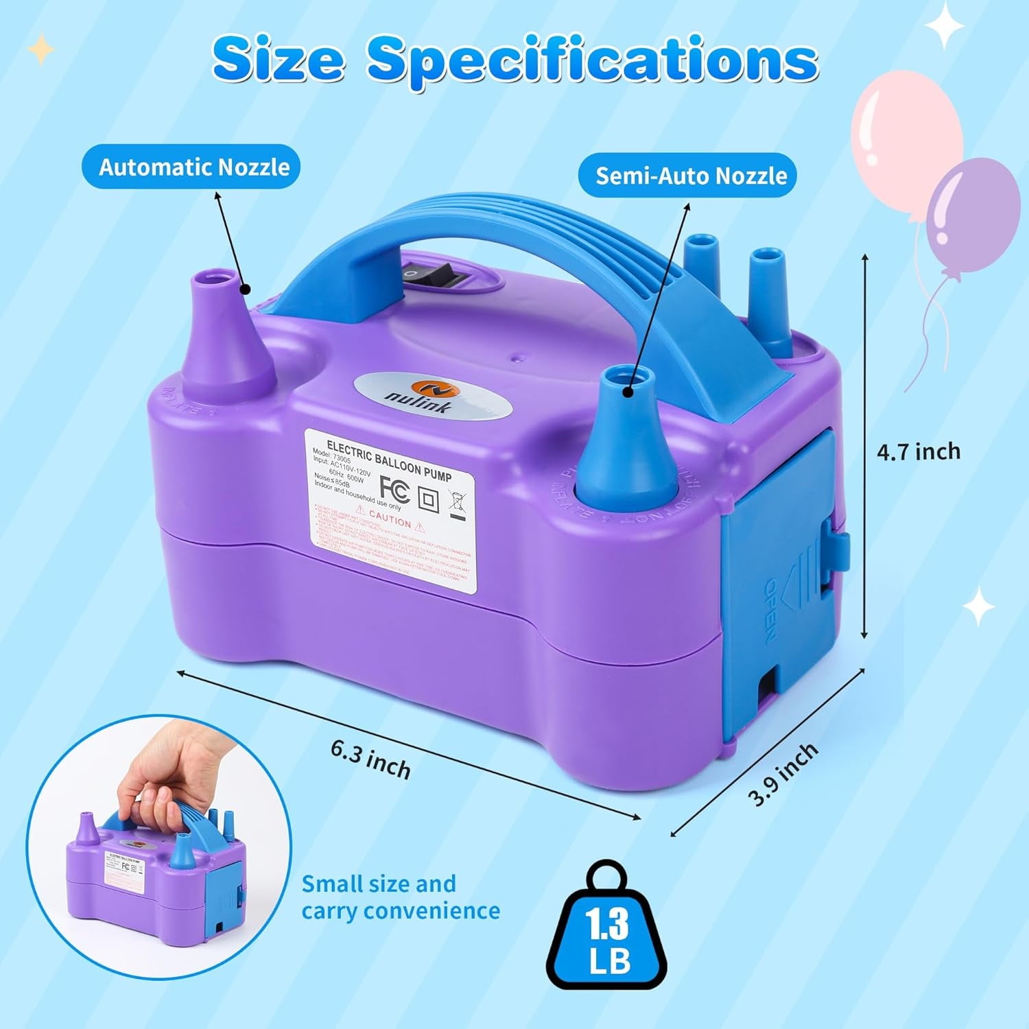 Balloon Pump Electric Portable Dual Nozzle Air Pump for Balloons Blower Pump Inflator for Decoration, Birthday Party [110V~120V, 600W, Purple]
