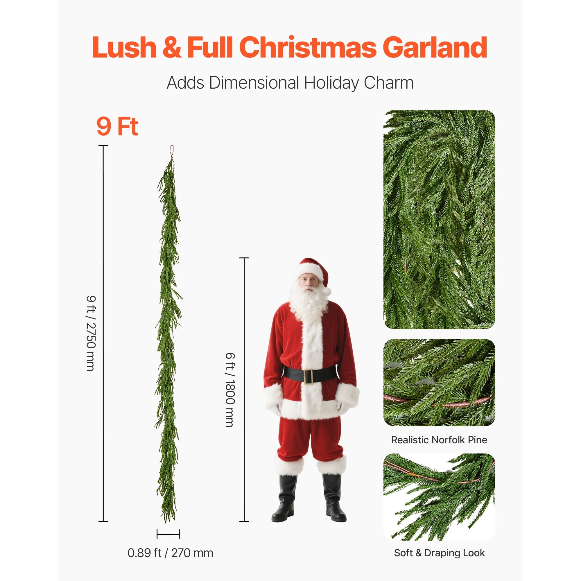 KFFKFF 9-FT Christmas Garland, Realistic Norfolk Pine Design, Artificial Evergreen Greenery for Indoor and Outdoor Holiday Decorations on Tables, Mantels, and Fireplaces