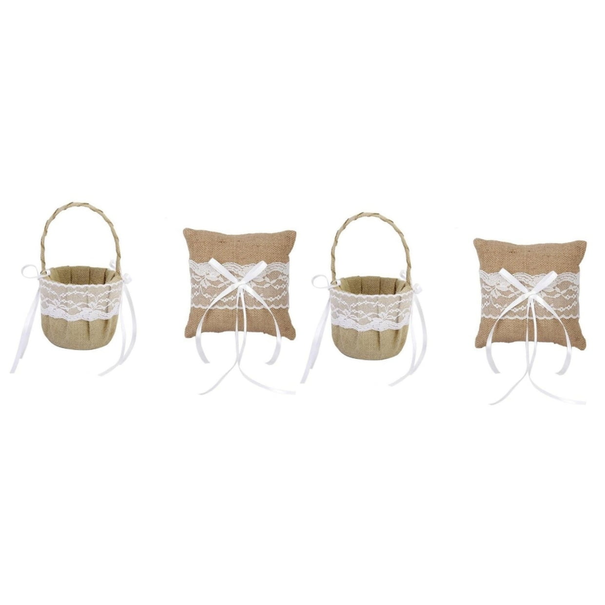 OUNONA 2pcs Set of 6*6'' Generic Burlap Jute & Lace Flower Basket Ring Bearer Pillow Cushion Rustic Country Wedding