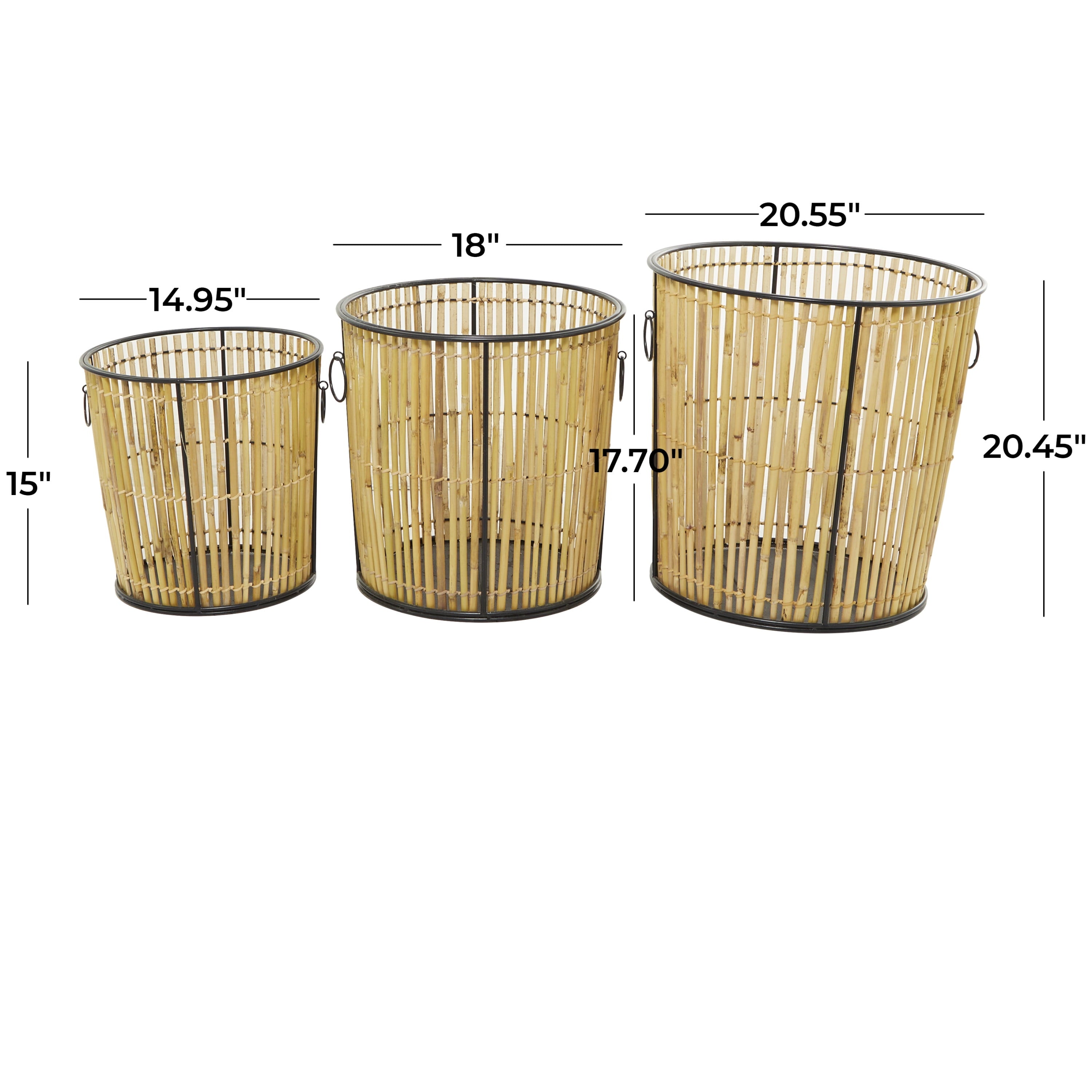 DecMode 20", 18", 15"H Light Brown Rattan Handmade Slatted Frame Storage Basket with Ring Handles, 3-Pieces
