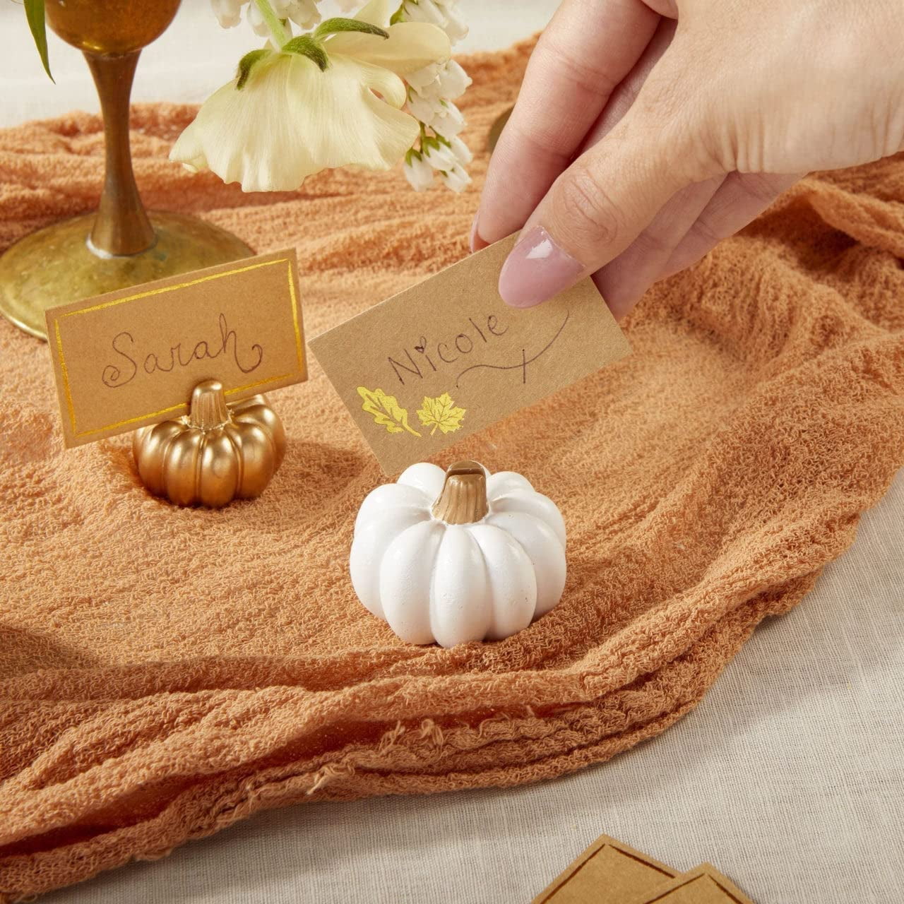 Kate Aspen Place Card Holders (Place Cards Included) - Set of 12 - Table Number Holder for Weddings, White Pumpkin Photo Holder for Table Assignments at Bridal Showers or Anniversaries