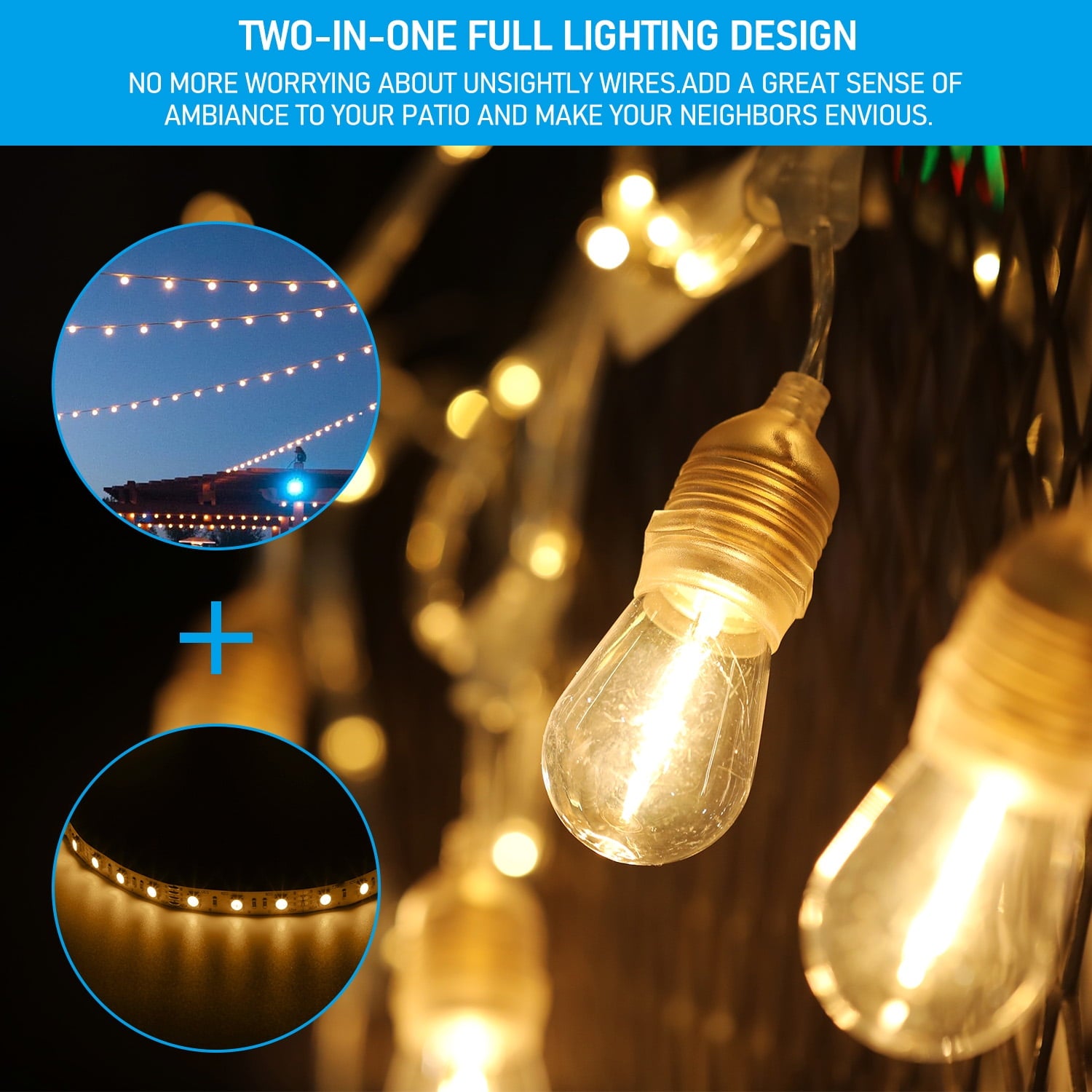LED Outdoor String Lights, 48ft 24 Bulbs Commercial Connectable Patio String Light, LED Neon Light, IP65 Waterproof, 18AWG Copper Wire, Clear White