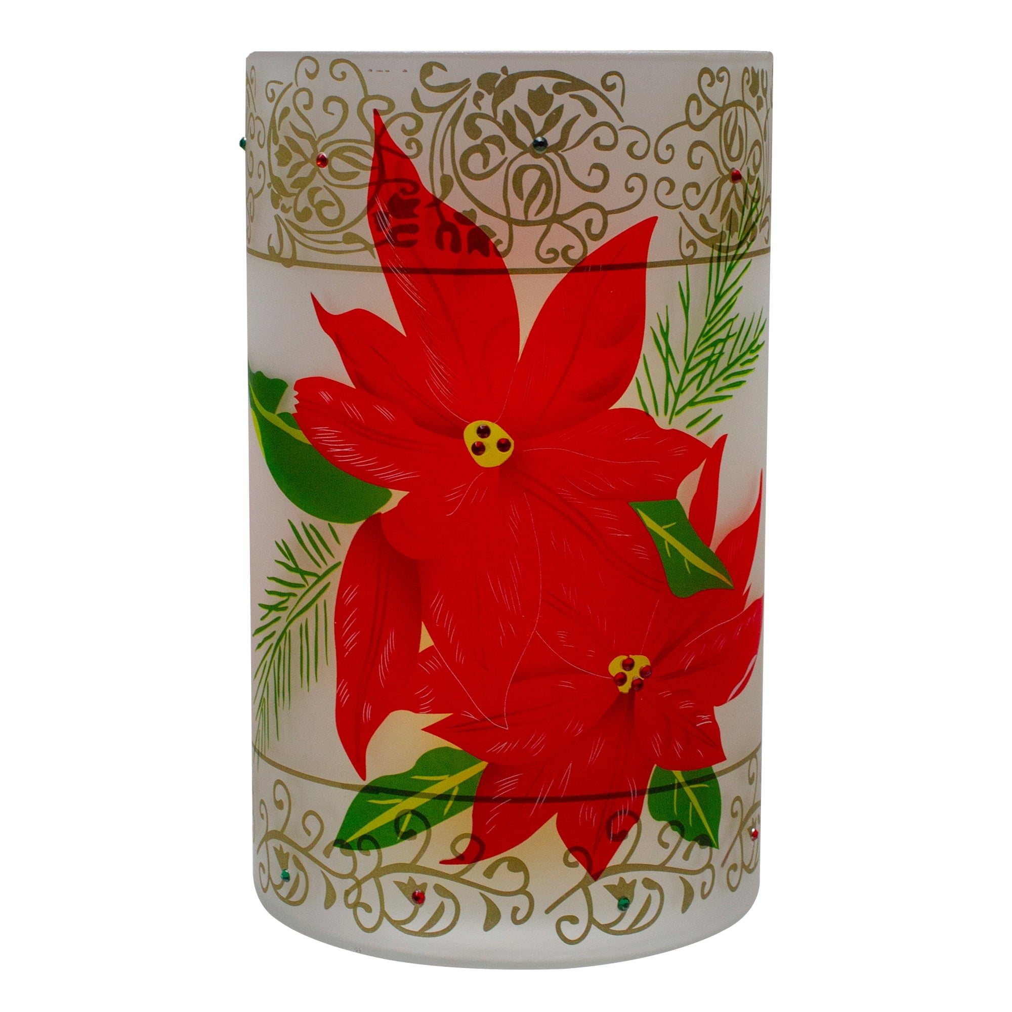 Northlight 10" Hand-Painted Red Poinsettias and Gold Flameless Glass Christmas Candle Holder