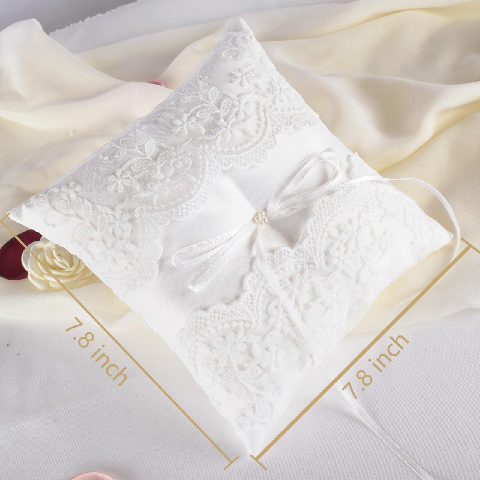 Lace Pearl Wedding Ring Pillow, Ivory Ring Bearer Cushion for Bride Groom Ceremony, Matte Satin with Back Holder Ribbon, White
