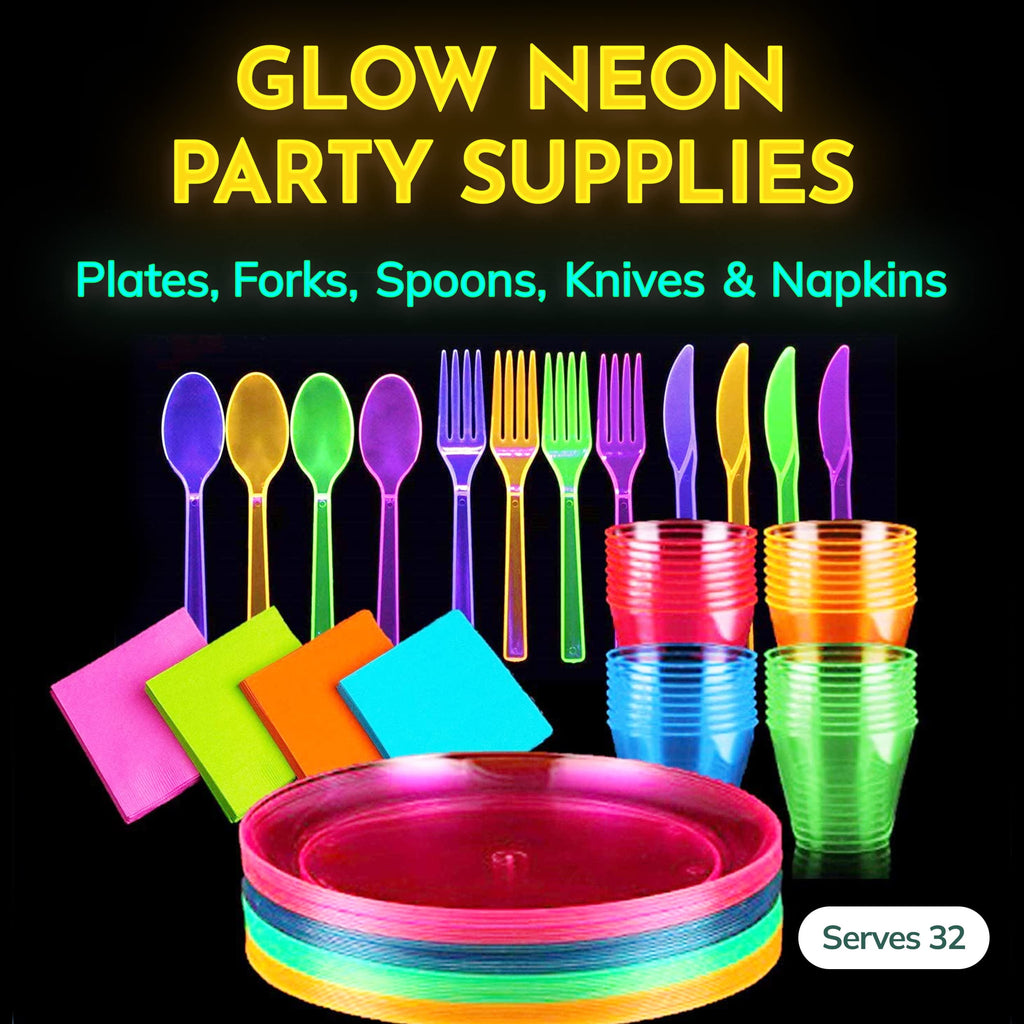 Kedudes Disposable Glow Party Supply Sets, Plastic Neon, 32 Count