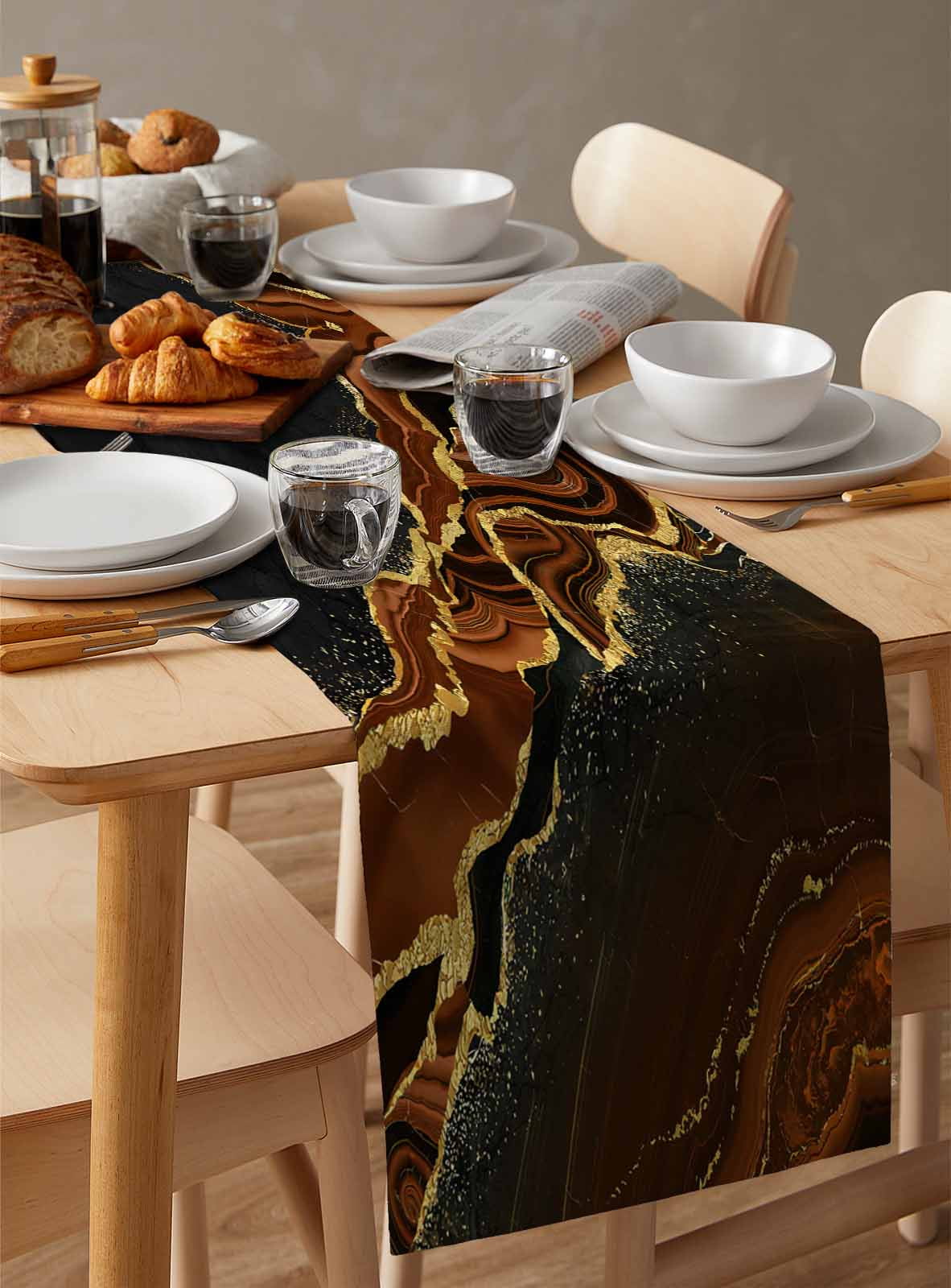 Brown Marble Table Runner Gold Abstract Vintage Modern Ombre Art Tablerunners 14 x 72 Inch, Table Decorations Tabletop Scarf for Summer Gathering Holiday Farmhouse Kitchen Dining Decor