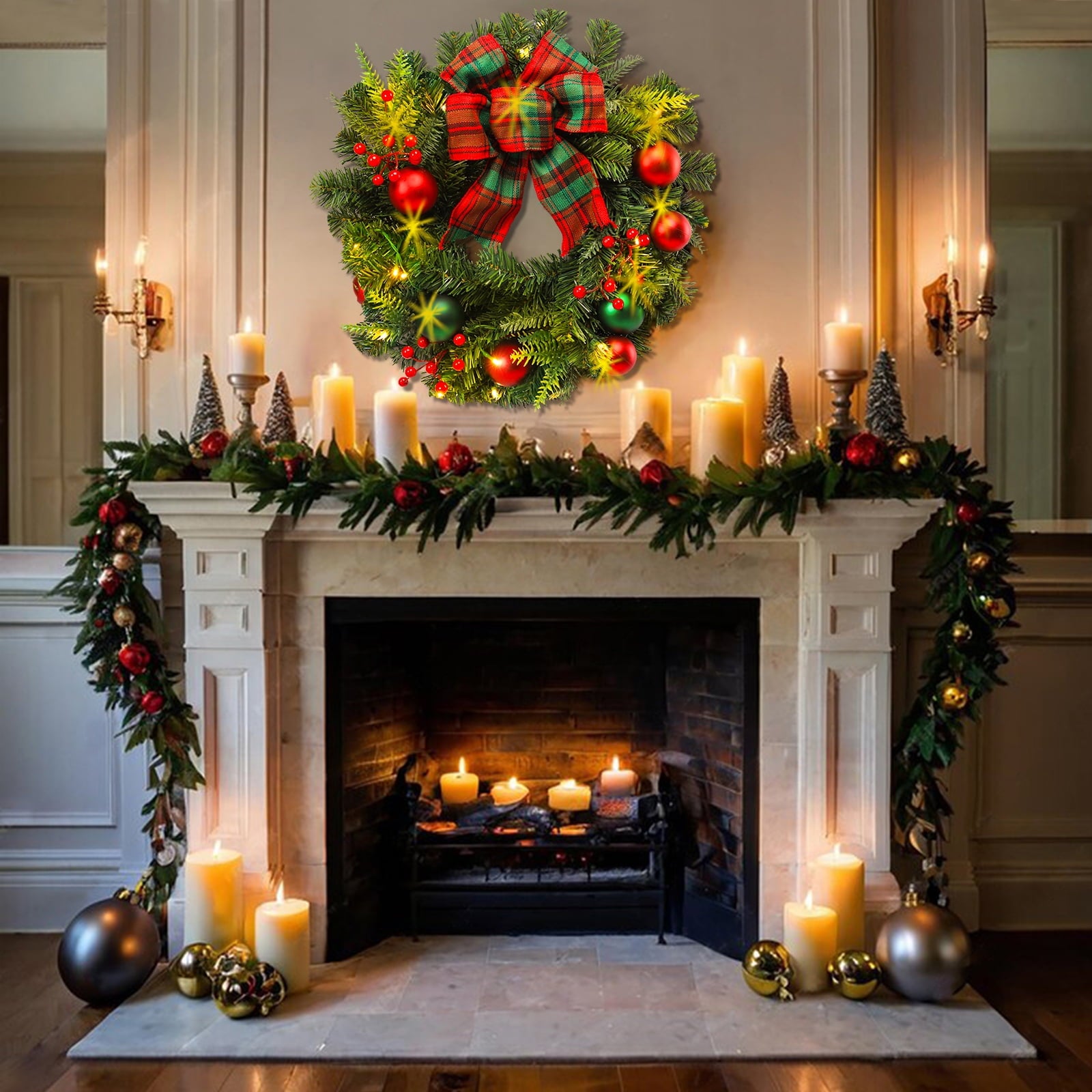 20 inch Christmas Wreaths-Christmas Wreath with Lights LED,Battery Operated LED light Wreath with ball bow for christmas festival party, patio, farmhouse decoration(green and red)