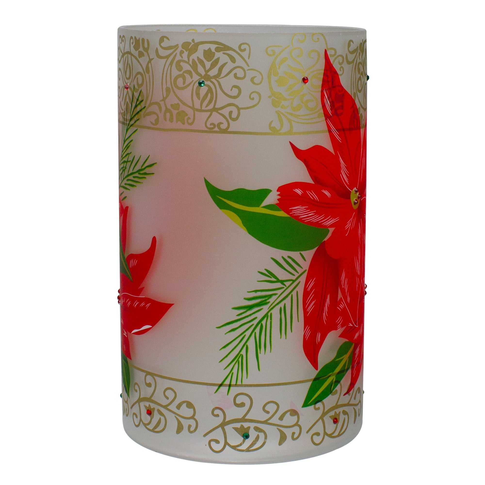 Northlight 10" Hand-Painted Red Poinsettias and Gold Flameless Glass Christmas Candle Holder