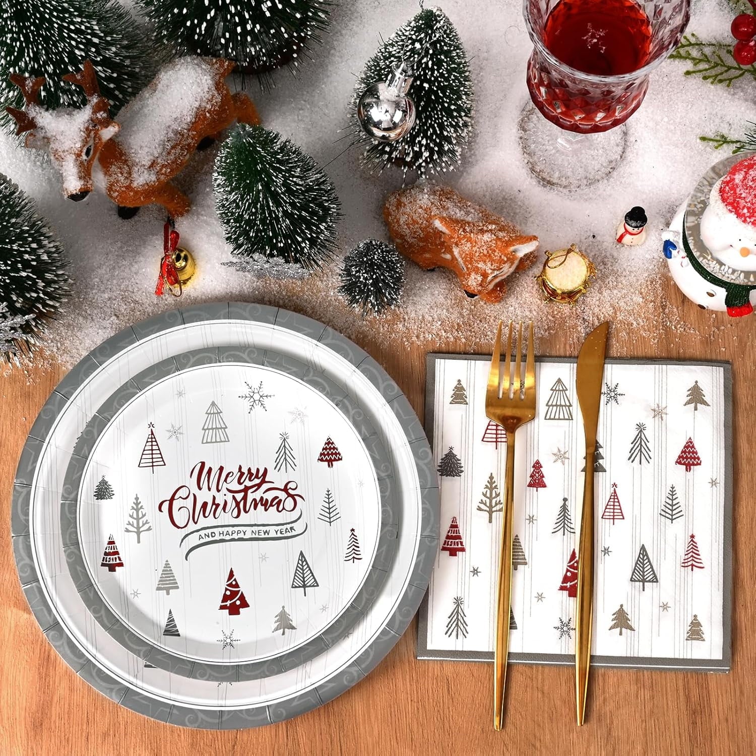 DAZLUTE 200 PCS Christmas Paper Plates and Napkins Serves 50 Guests, Elk Christmas Tree Disposable Dinnerware Set for Christmas Party