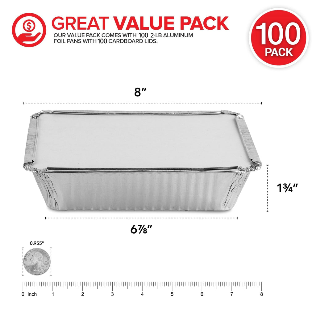 2 Lb Small Aluminum Pans with Lids (100 Pack) Foil Pan + Cardboard Lid, Disposable Cookware, Takeout Trays with Lids - To Go Disposable Food Containers for Restaurants & Catering, Stock Your Home