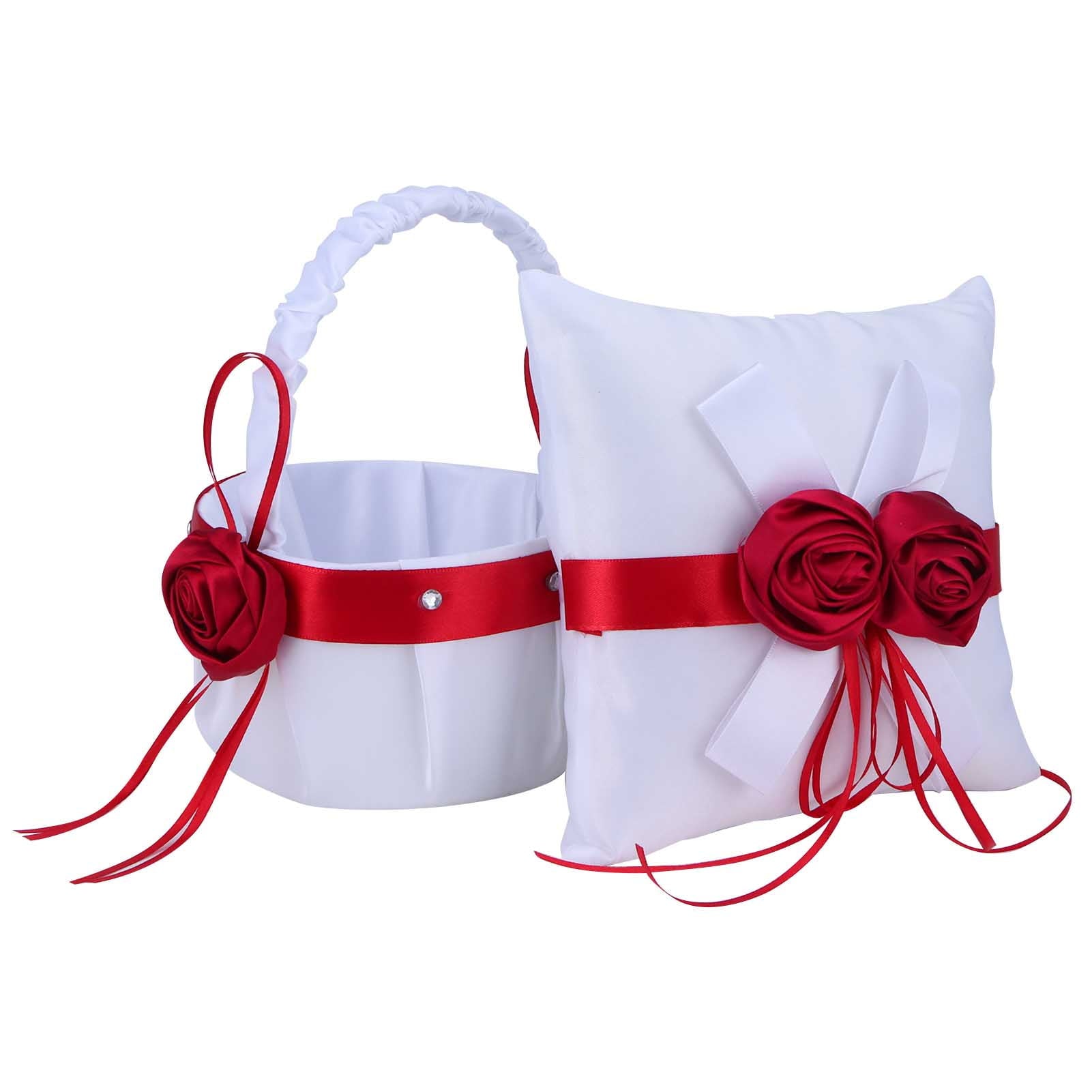 Verdant Touch Ring Pillow Set Wedding Hand Basket Set Flower Basket and Ring Bearer Pillow Cushion for Wedding