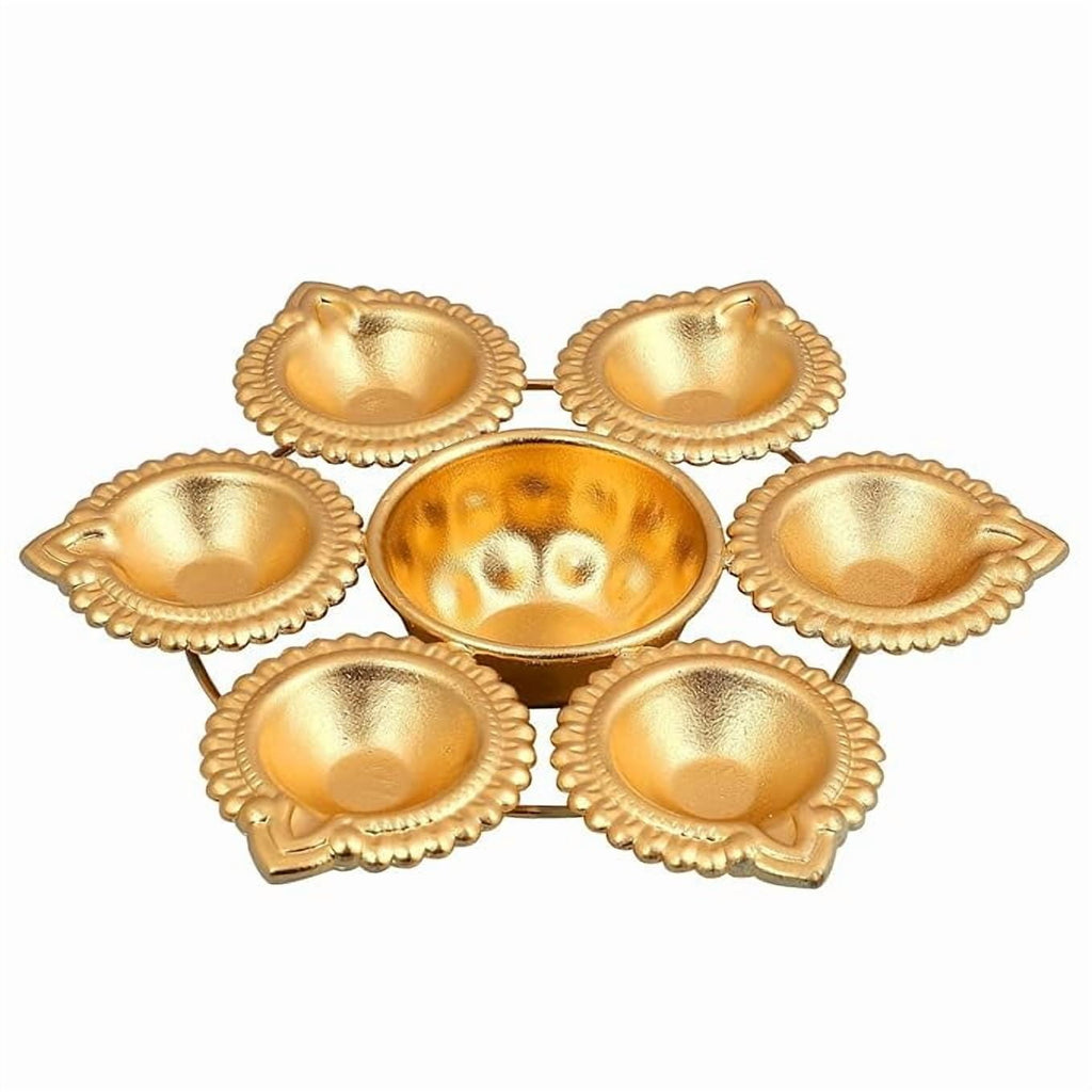 Golden Brass Diya Plate with 6 Attached Oil Lamps and Center Bowl – Decorative Traditional Diya for Diwali, Pooja & Festive Home Decor