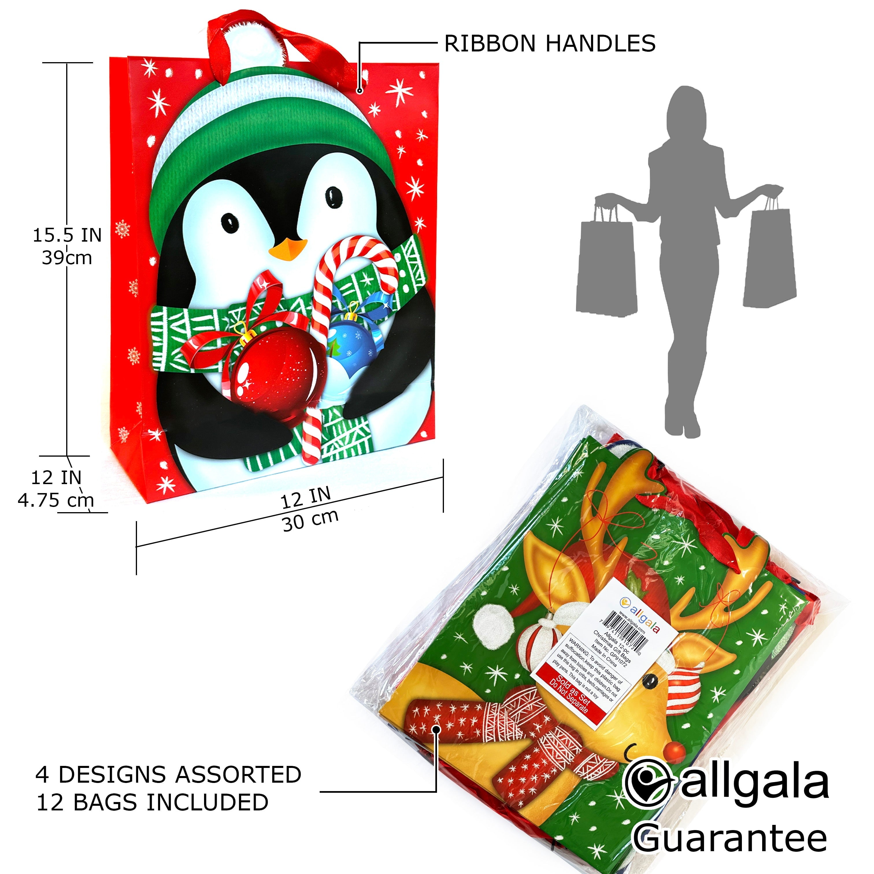 Allgala 12-PC (15.5x12 inch) Premium Vivid Cartoon Design Glitter Chritmas Gift Bag-GP91073