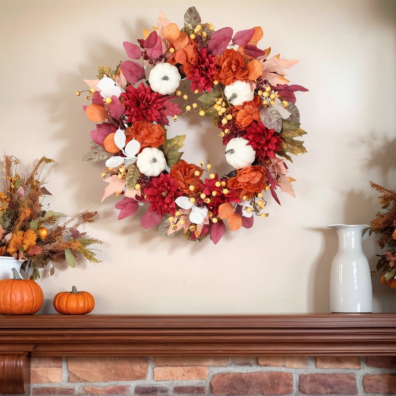 Fall Wreaths for Front Door, 18 Inch Thanksgiving Wreaths Artificial Pumpkin Maple Leaves Autumn Wreaths, Thanksgiving Harvest Festival Fall Decorations Indoor and Outdoor