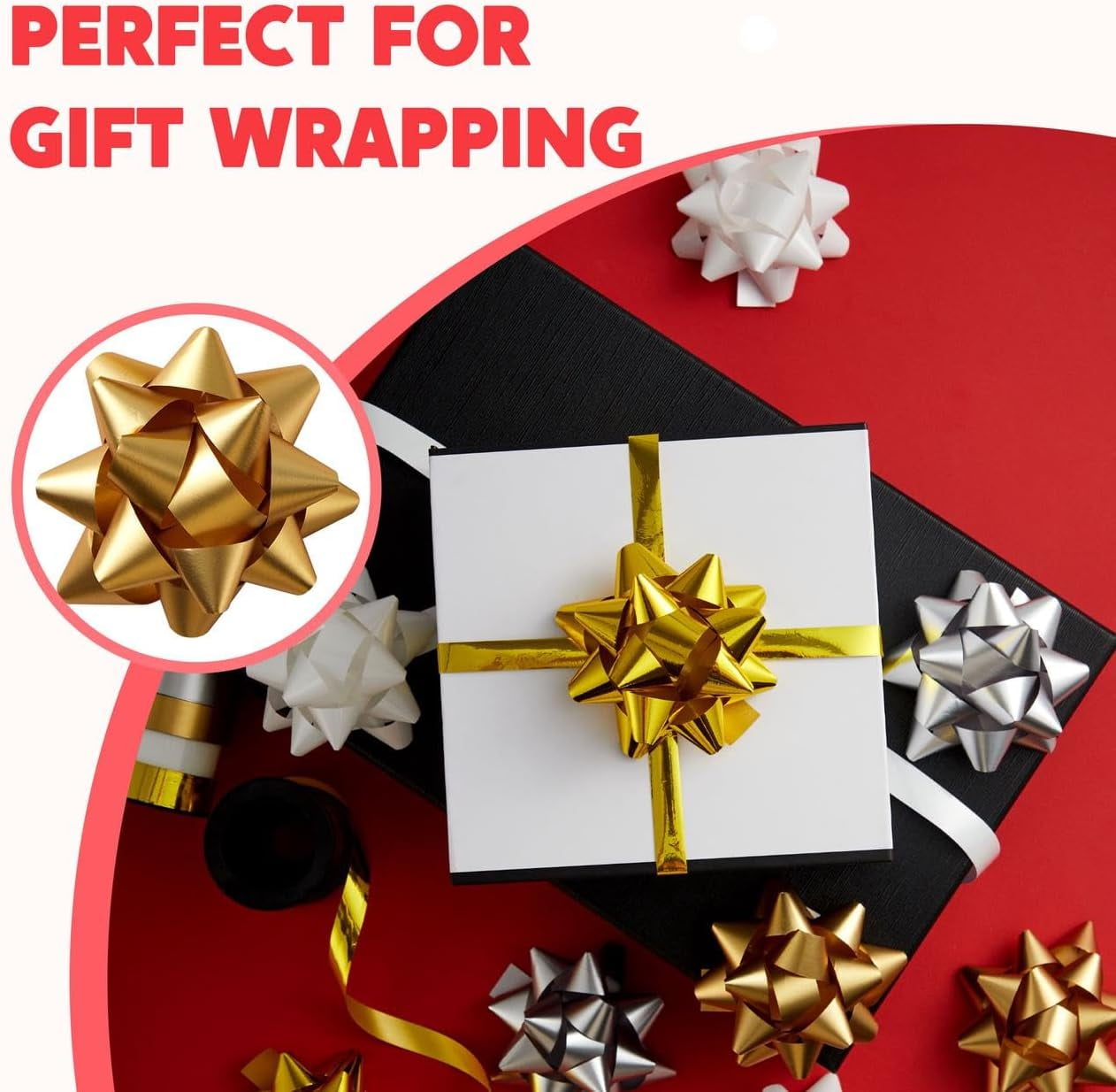 75PCS 4.5 inch Gift Bows for Presents Wrap and 2 Rolls of Curling Ribbons for Gift Wrapping, Gold Matte Gold Silver and White Self Adhesive Christmas Bows, Birthday Wedding Xmas Presents Decoration