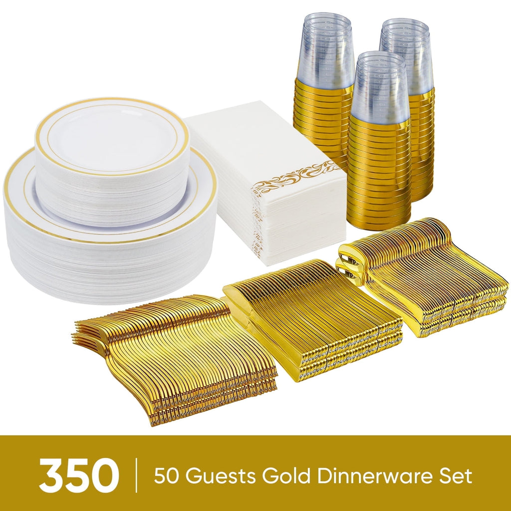 Hawsaiy 350PCS Gold Disposable Plates and Cups Set for 50 Guests, Plastic Dinnerware with Napkins for Wedding and Party