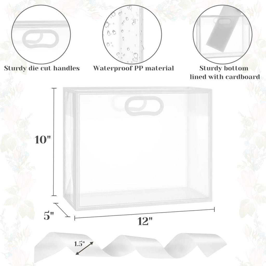 Clear Plastic Gift Bags with Die Cut Handles Graduation Reusable Flower Gift Bag with Ribbon for Wedding Birthday Party Business 12"x10"x5" 12 Pcs White