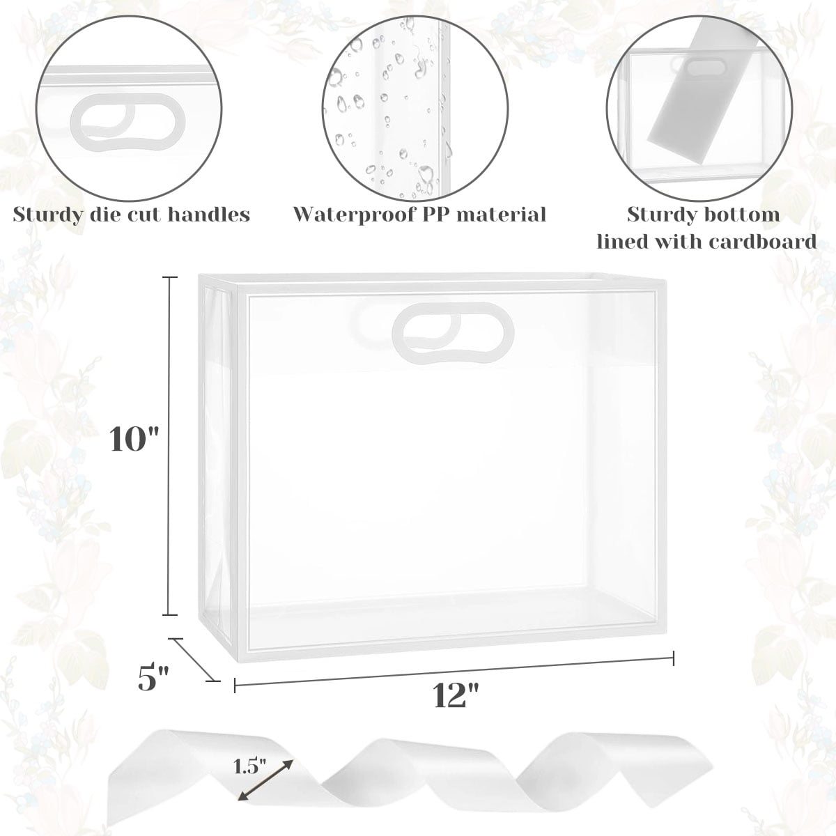 Clear Plastic Gift Bags with Die Cut Handles Graduation Reusable Flower Gift Bag with Ribbon for Wedding Birthday Party Business 12"x10"x5" 12 Pcs White