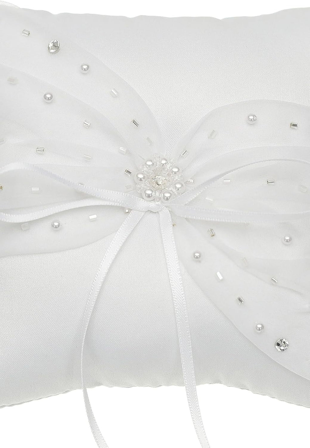 Crystal Beads Lace Bow Wedding Ring Bearer Pillow 6.5 Inch x 6.5 Inch - White RP015W
