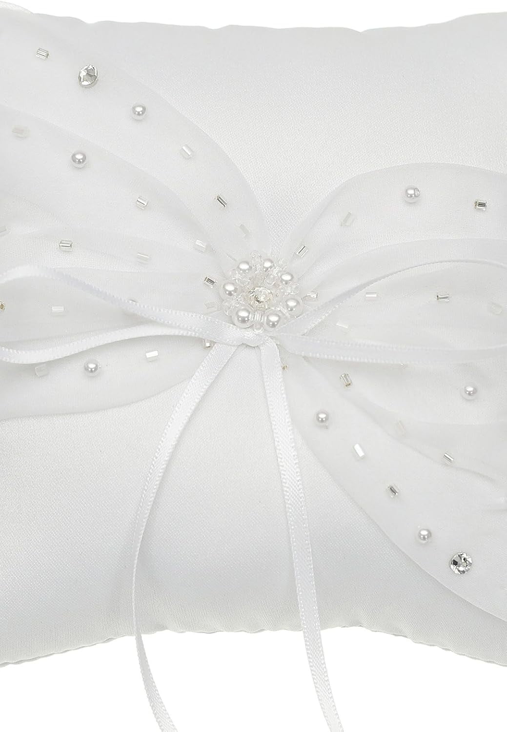 Crystal Beads Lace Bow Wedding Ring Bearer Pillow 6.5 Inch x 6.5 Inch - White RP015W