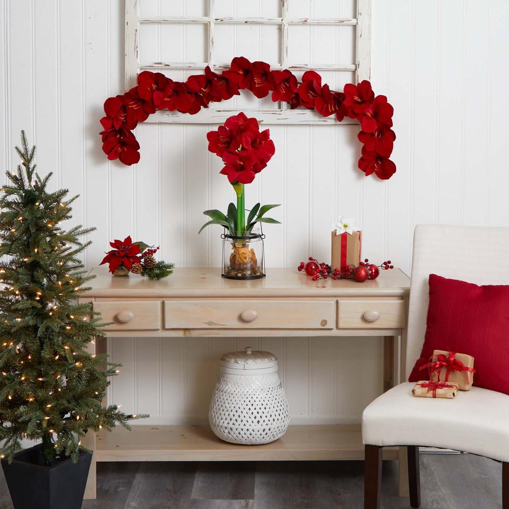Nearly Natural Amaryllis Christmas Floral Garland, 60" (Red)
