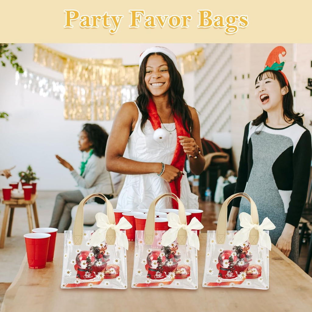 24 Pack Clear Gift Bags with Handle, Inches Reusable PVC Party Favor Bags Gift Wrap Tote Bags with 2 Ribbons, Cute Goodies bags for Wedding Birthday Boutique Shopping, 7.87 x 7.09 x 3.94 (white)
