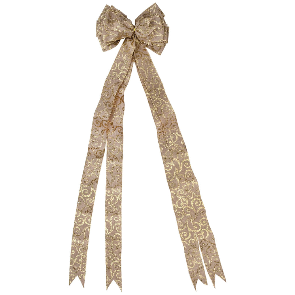 Northlight 48" x 10" Burlap and Gold Scroll 16 Loop Christmas Bow Decoration