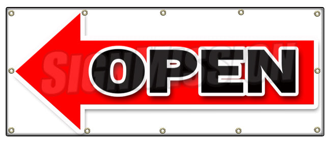 GIANT LEFT OPEN ARROW BANNER SIGN turn here sale follow directions