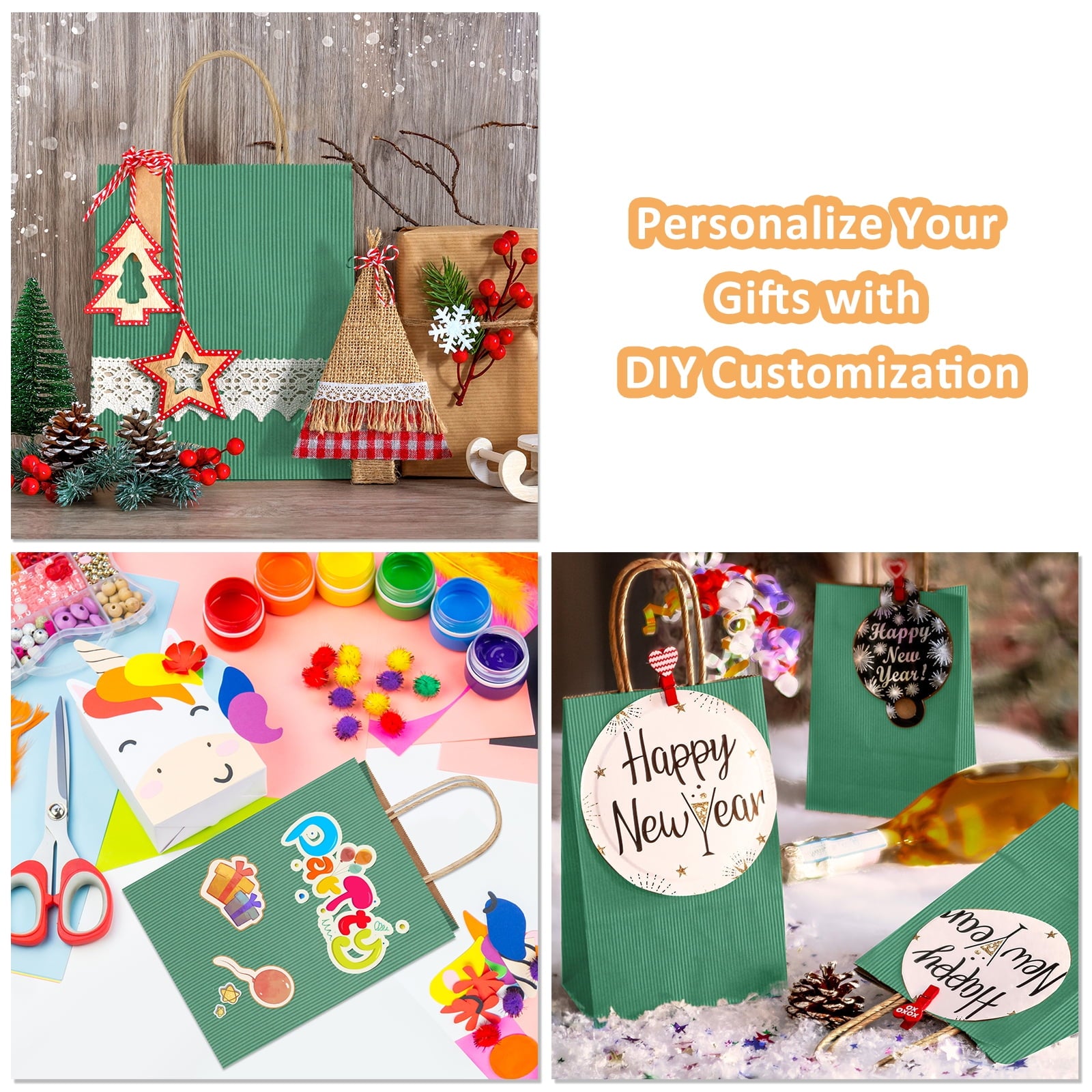 BagDream 100 Pack Green Gift Bags with Handles Small Kraft Paper Bags for Birthday, Christmas, Gifts, Holidays, 5.25x3x8inches
