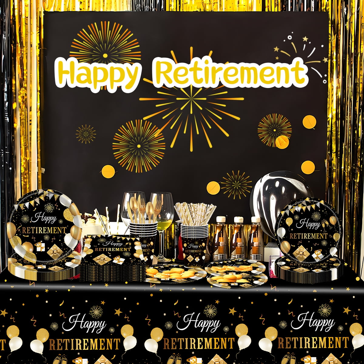 Retirement Paper Plates and Napkins Disposable Dinnerware Retirement Party Supplies Retirement Tableware Set for 16 guests Black Gold