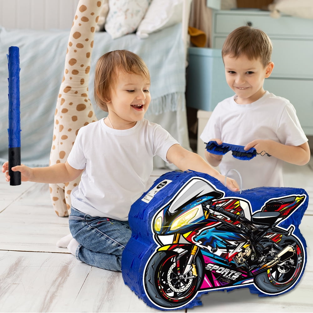 Motorcycle Pinata for Boys Birthday Party Supplies Cool Motorcycles Pinata with Stick and Blindfold for Boys Theme Party Decoration, Small Pinata Birthday Party Supplies