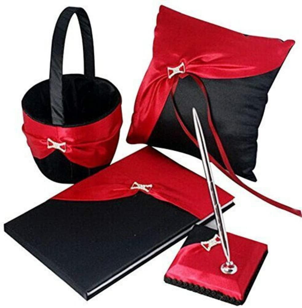 4Pcs Black Wedding Supplies Set Flower Girl Basket + Ring Bearer Pillow + Guest Book + Pen Set Holder for Bridal Wedding Shower Ceremony Anniversary Celebrations Party Decorations
