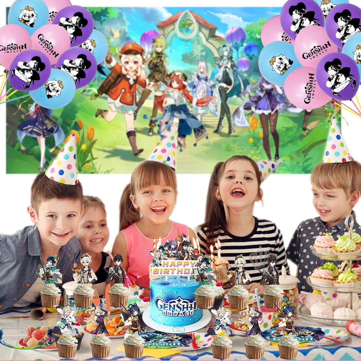 Genshin Impact Party Supplies Cake Topper Decor Banner Backdrop Tableware Balloons Birthday Decorations