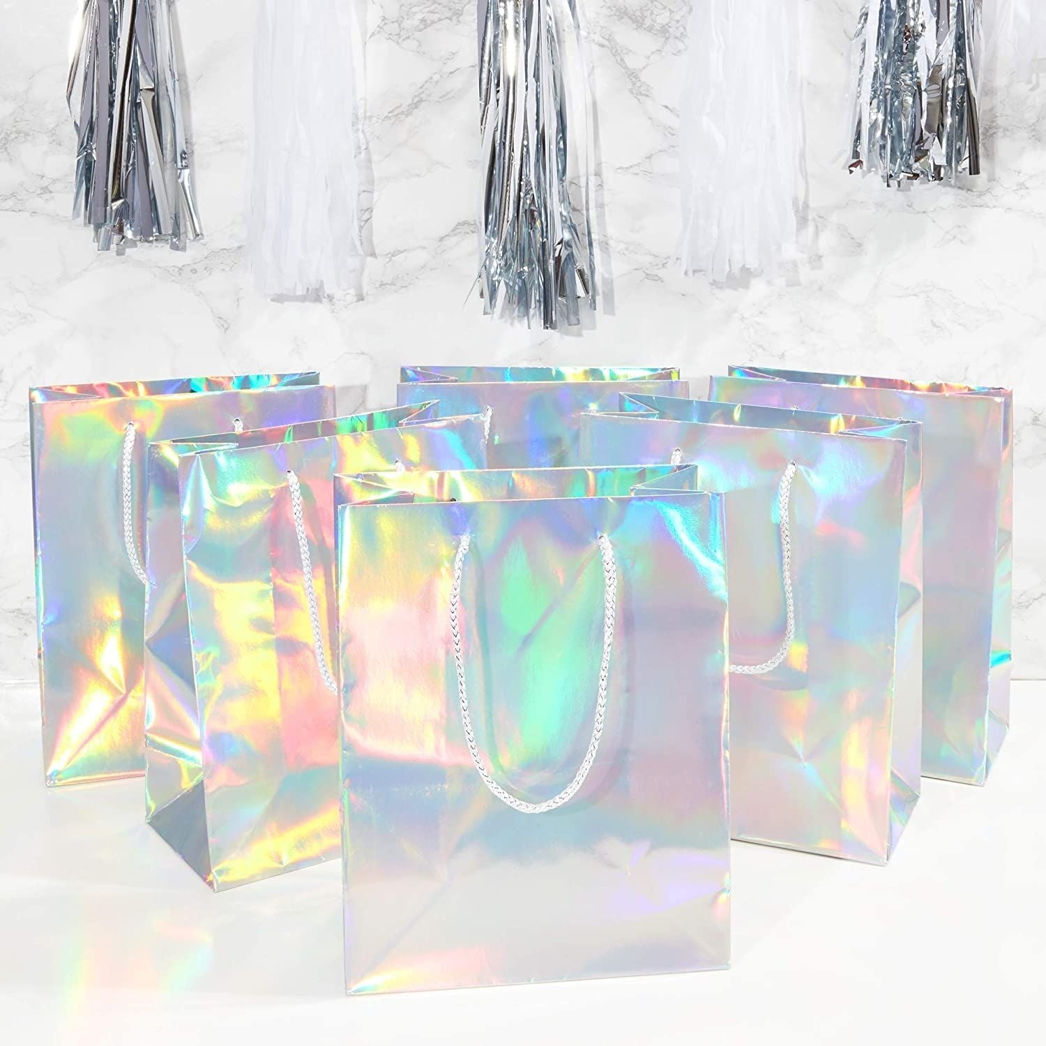 24 Pack Holographic Silver Gift Bags with Handles, 8x4x10 Inch for Wedding, Birthday, Retail, Small Business, Shopping