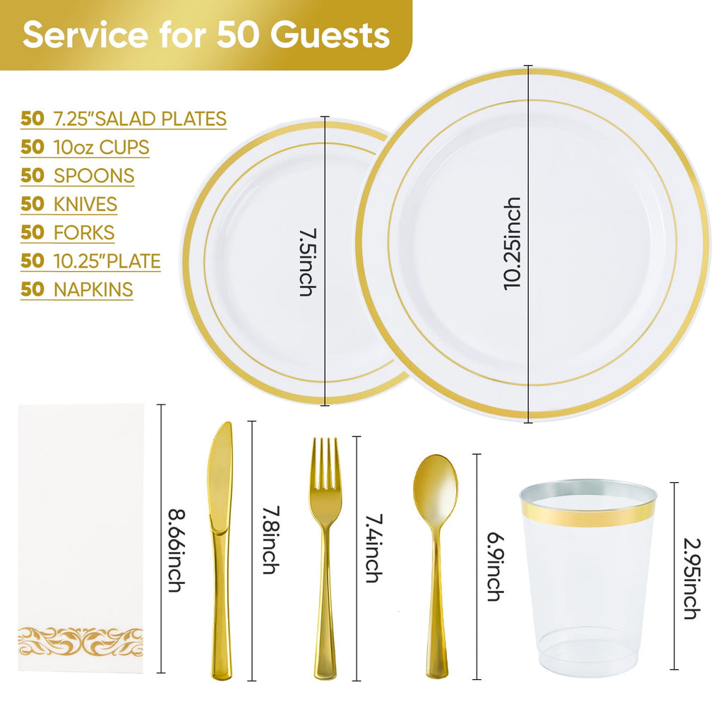 Hawsaiy 350PCS Gold Disposable Plates and Cups Set for 50 Guests, Plastic Dinnerware with Napkins for Wedding and Party