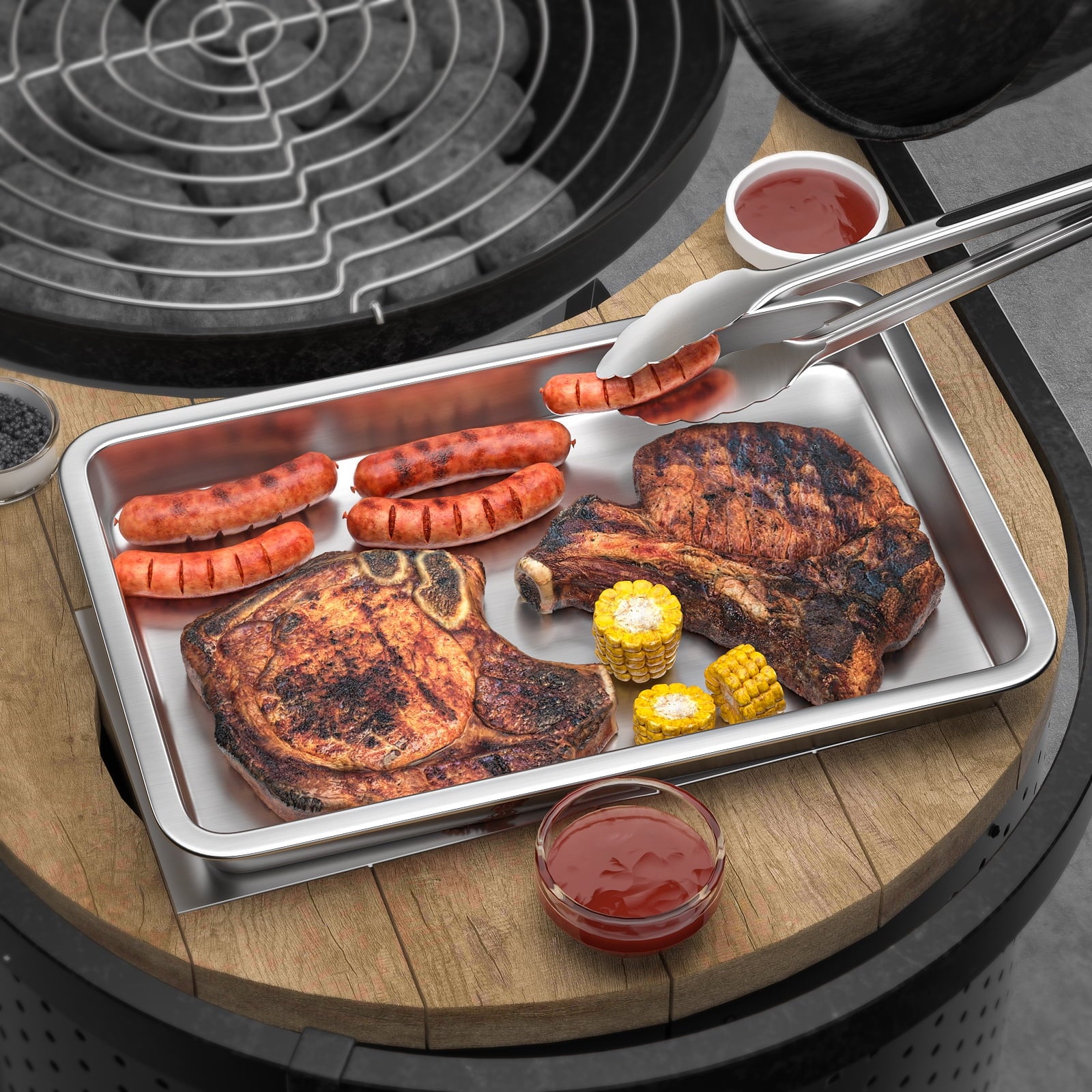 UPTRUST Food Prep BBQ Tray, Grilling Prep and Serve Trays with Silicone Marinade Container for Marinating Meat and Stainless Steel Serving Platter for all your Grilled Barbecue, Grilling Gifts for Men