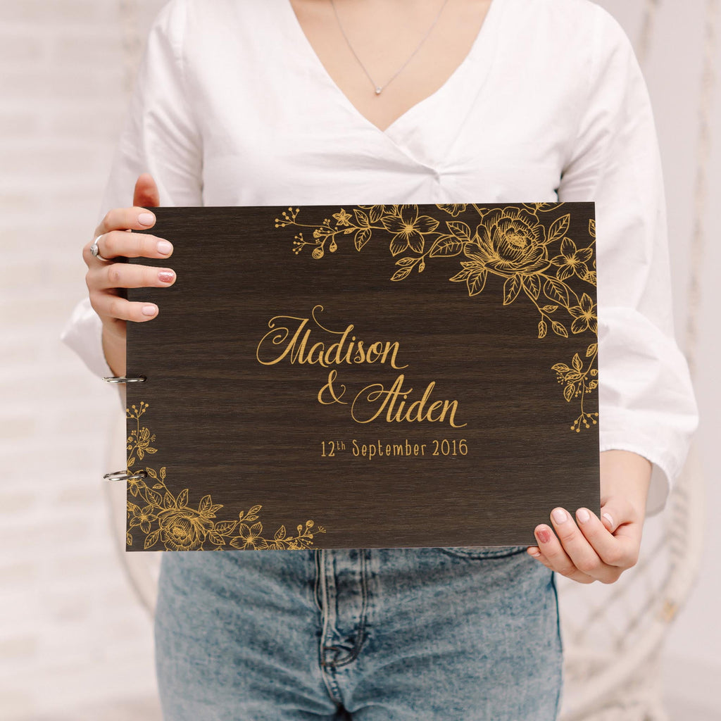 Darling Souvenir Personalized Engraved Laser Cut Wedding Guest Book Wooden Cover Sign-in Book Registry Guestbook Scrapbook-N8