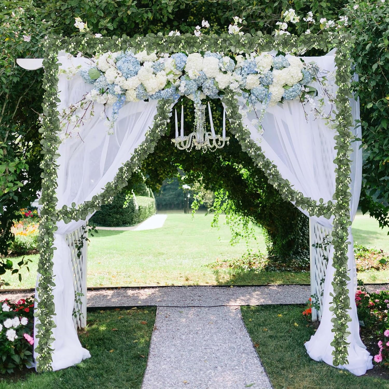 Waipfaru 4 Pack Eucalyptus Garland with Flowers,6FT Greenery Garland Decor,Artificial Eucalyptus Leaves Vines for Table Home Wedding Mantle Decoration