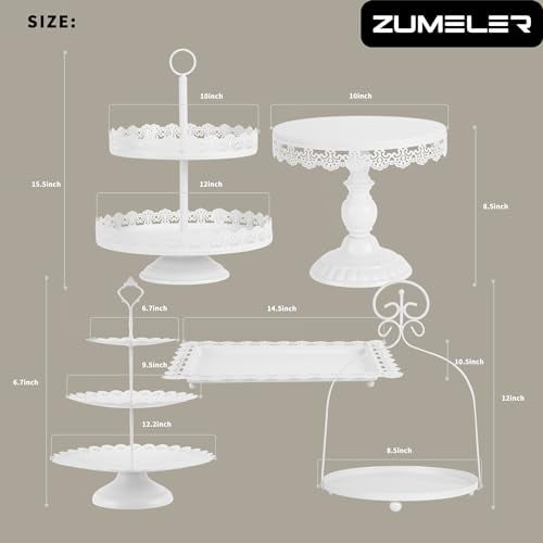 ZUMELER 5Pcs White Cake Stands Set Metal Cupcake Holder Cookies Dessert Display Plate Serving Tower Tray Platter with Handl for Baby Shower Wedding Birthday Party Celebration