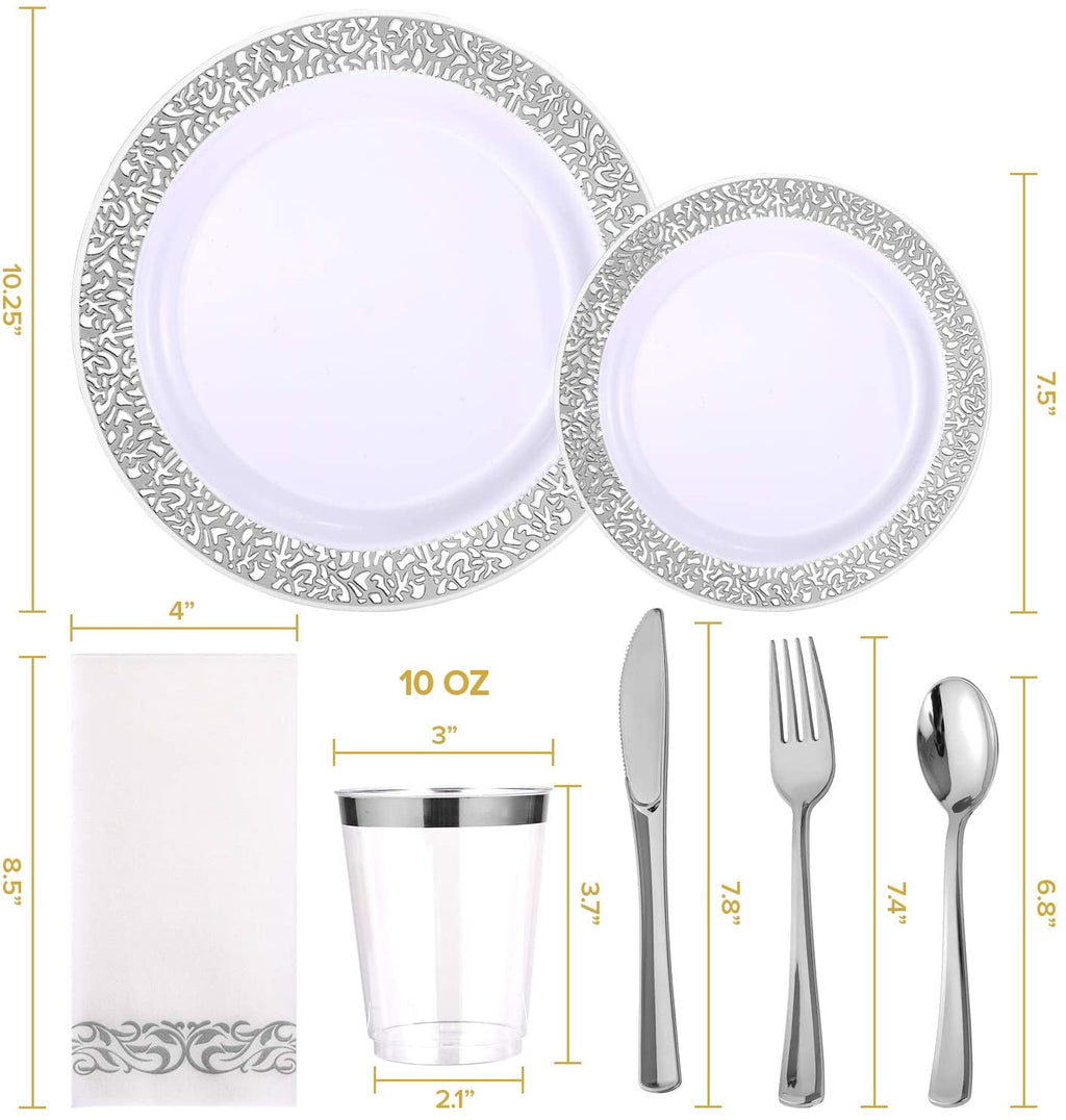 175 Piece Silver Dinnerware Set 25 Guest-50 Silver Lace Plastic Plates-25 Silver Plastic Silverware-25 Silver Plastic Cups-25 Linen Feel Silver Paper Napkins, FOCUSLINE Disposable Dinnerware Set