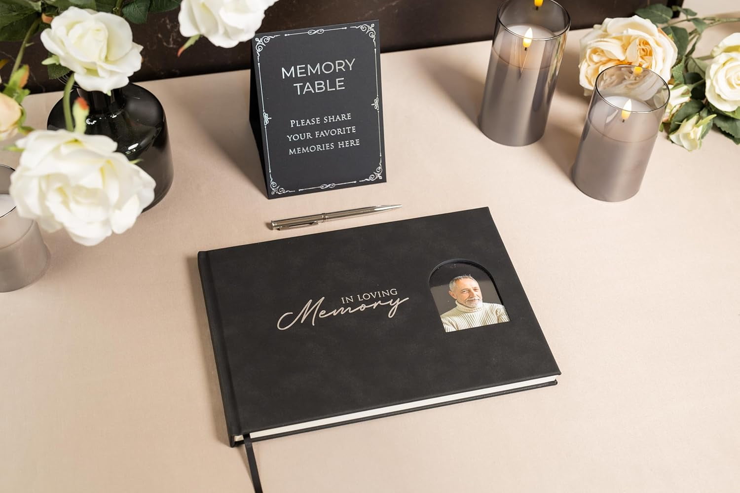 In Loving Memory Embossed Guest Book with Arched Photo Slot - Charcoal Black Leatherette PU Guestbook for Funeral Memorial