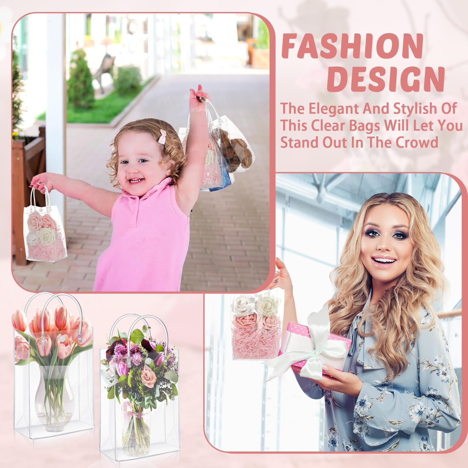 DIYMAG 50 Pcs Clear Gift Bags with Handle, PVC Reusable Tote Bags, Gift Wrap Goodie Bags for Party Wedding/Birthday/Boutique/Shopping/Baby Shower (5.9 x 7.8 x 2.7 Inch)