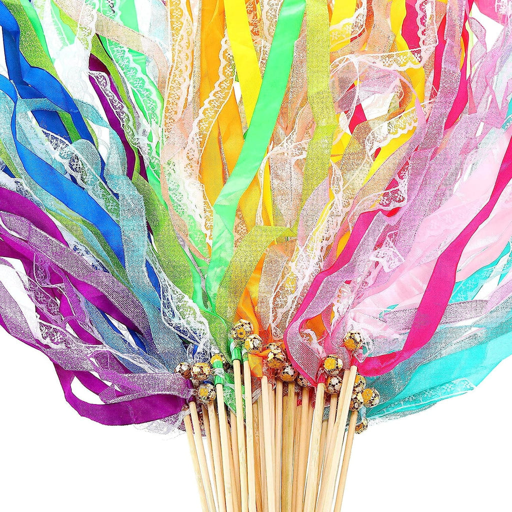 50 Pieces Ribbon Wands Wedding Streamers with Bells, Lace Fairy Stick Wand Party Ribbon Streamers Chromatic Silk Streamers for Party, Birthday and Holiday