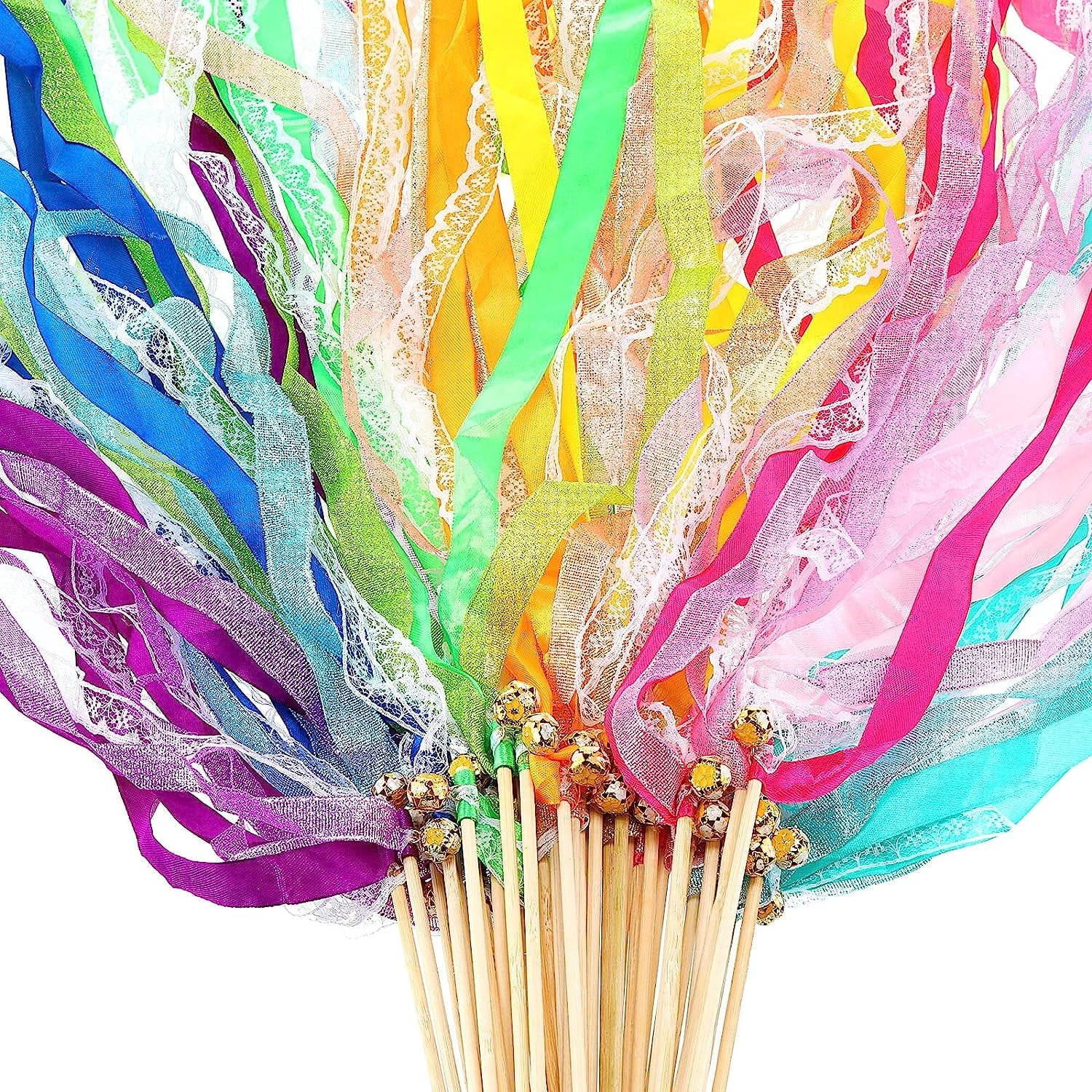 50 Pieces Ribbon Wands Wedding Streamers with Bells, Lace Fairy Stick Wand Party Ribbon Streamers Chromatic Silk Streamers for Party, Birthday and Holiday