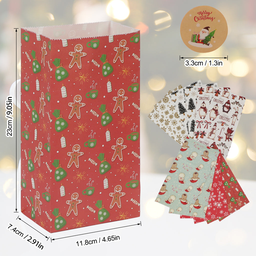 Toplive Christmas Paper Bags, [12 Pack ]Party Gift Candy Treat Bag 6 Patterns Christmas Gift Bags with 12 Pcs Christmas Label Stickers for Party Favors, Holiday Goodie Wrapping