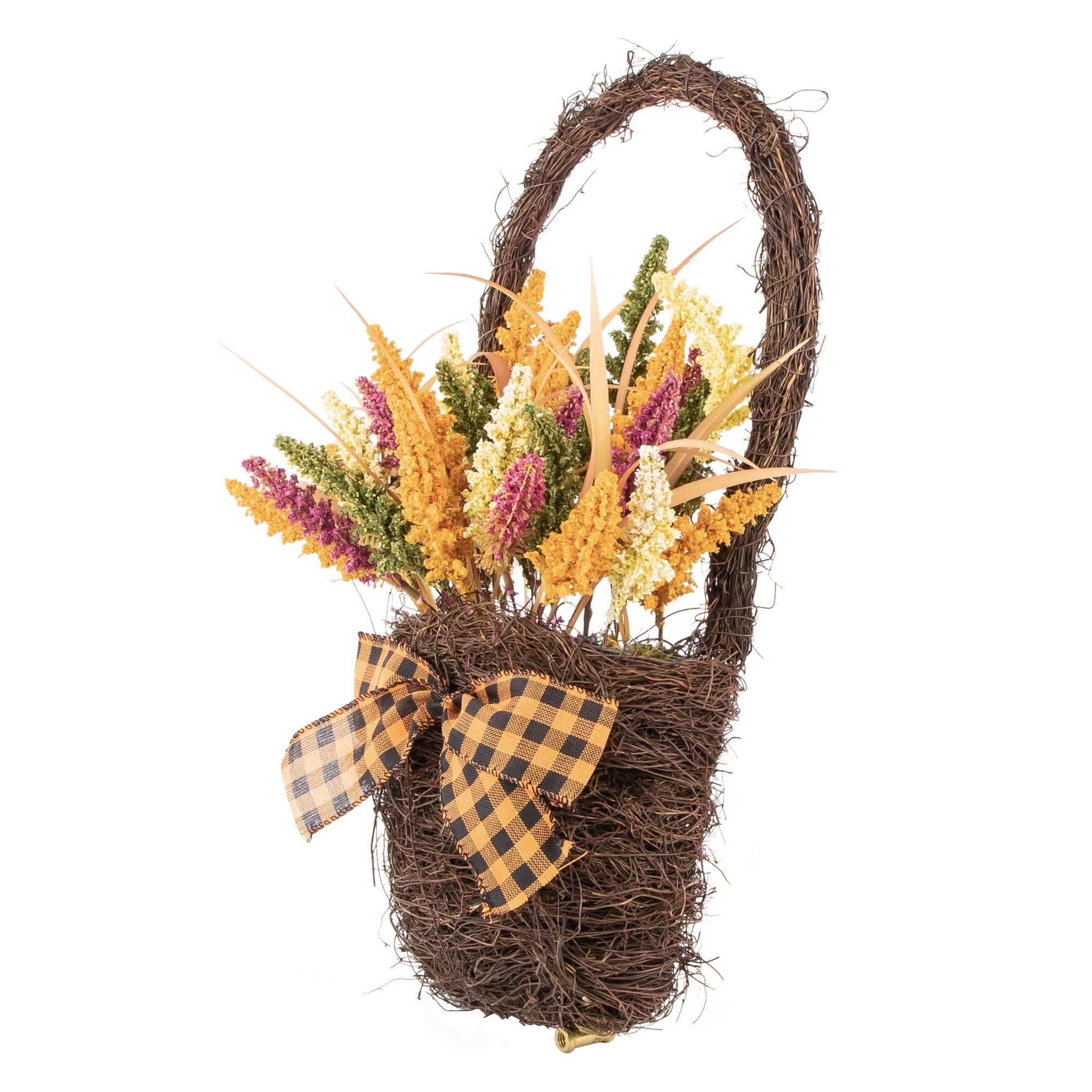 Northlight Autumn Harvest Hanging Basket with Artificial Foliage and Checkered Bow - 22"