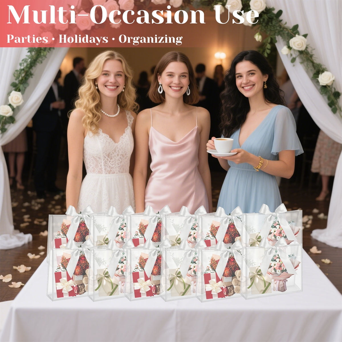 Clear Plastic Gift Bags with Die Cut Handles Graduation Reusable Flower Gift Bag with Ribbon for Wedding Birthday Party Business 12"x10"x5" 12 Pcs White