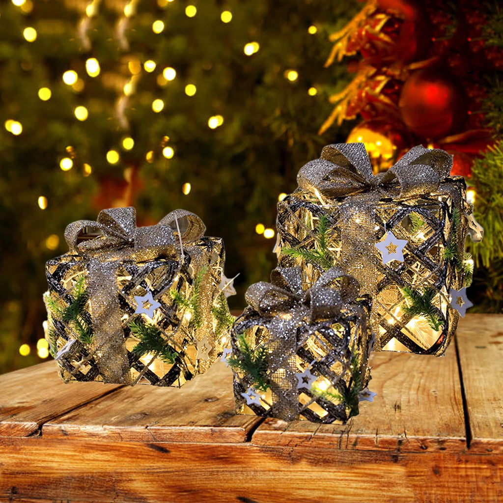 3 Pieces Christmas Lighted Up Gift Boxes Decorations, Tinsel Present
