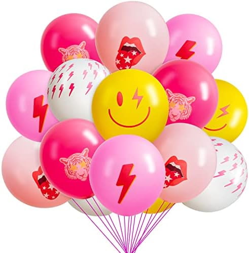 50Pcs Preppy Y2k Hot Pink Party Balloons Smile Face Lightning 12inch Latex Balloon with Ribbon Retro Decoration Supplies for Teen Girls Birthday Bachelorette Early 2000s Theme Party