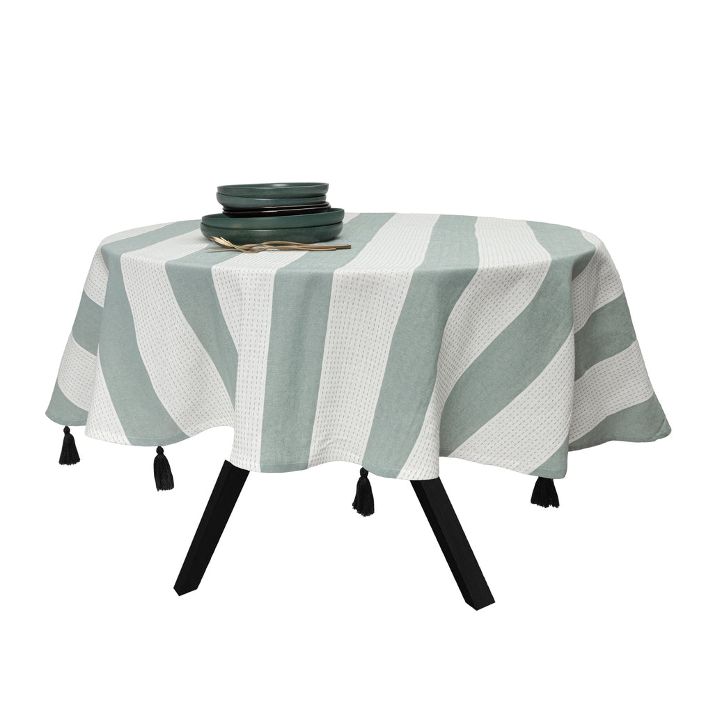(4 pack) Thyme & Table 70" Round Tablecloth, Green and White with Black Tassels